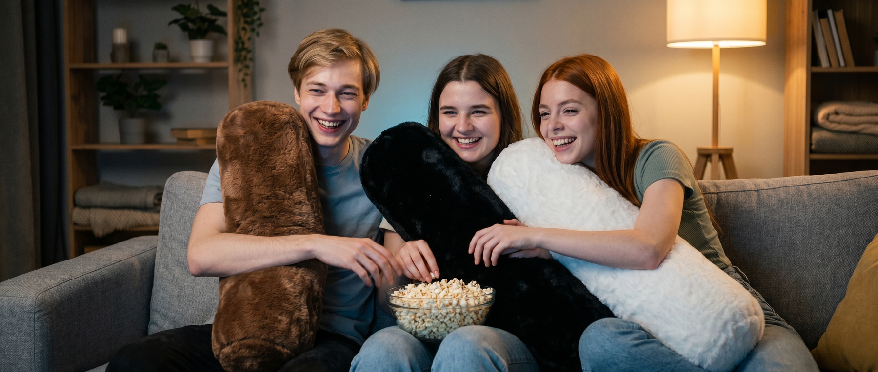 People relaxing with HugGooling pillows