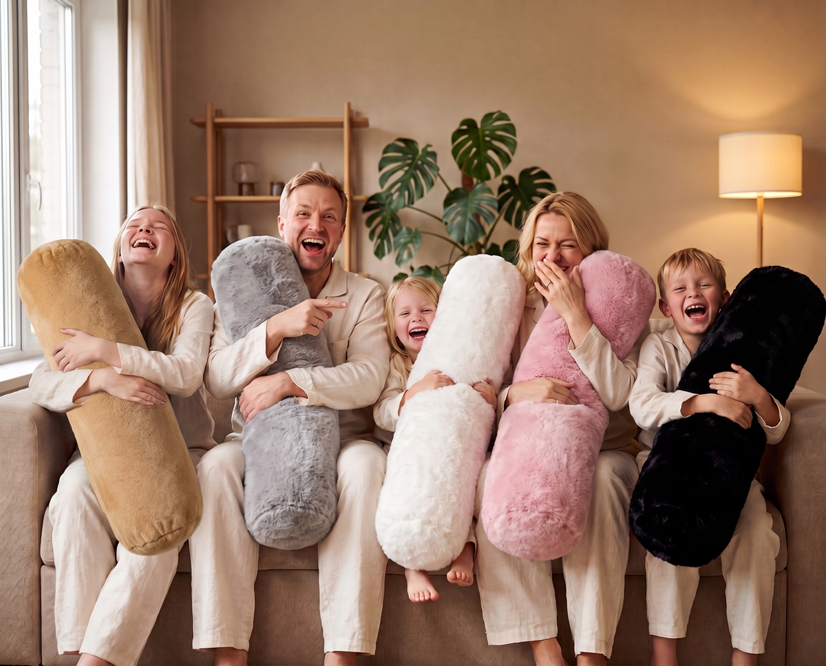 Family holding The Gooling pillows