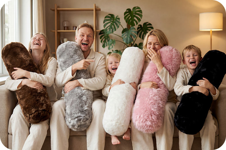 Family holding HugGooling pillows